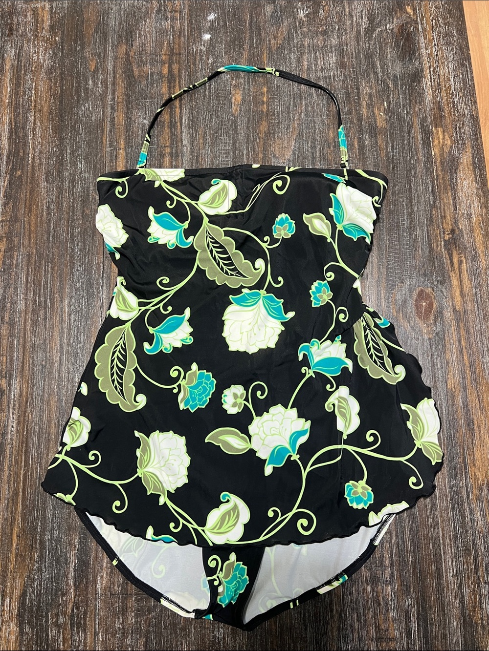 Jantzen Black One-Piece Swimsuit with Green & Teal Floral Print
